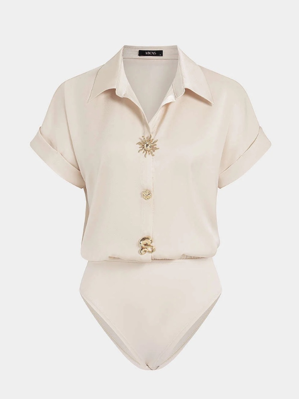 Mica's Cream Satin Short-Sleeve Button Bodysuit